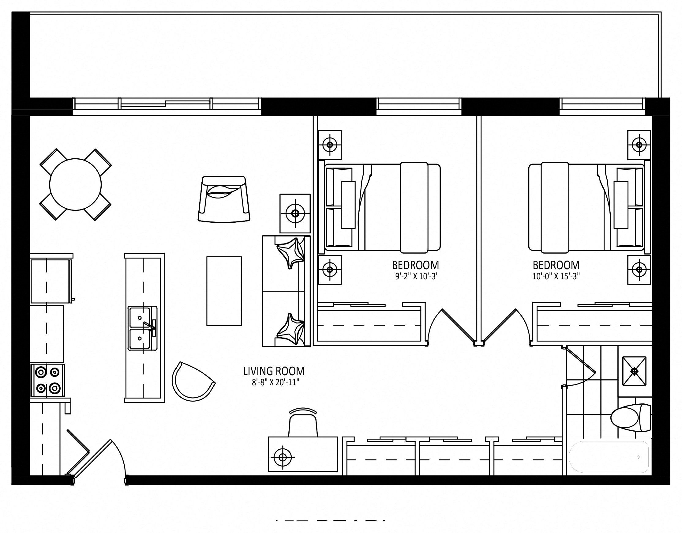 Floor plan for 2 beds, 1 bath, 850 sqft